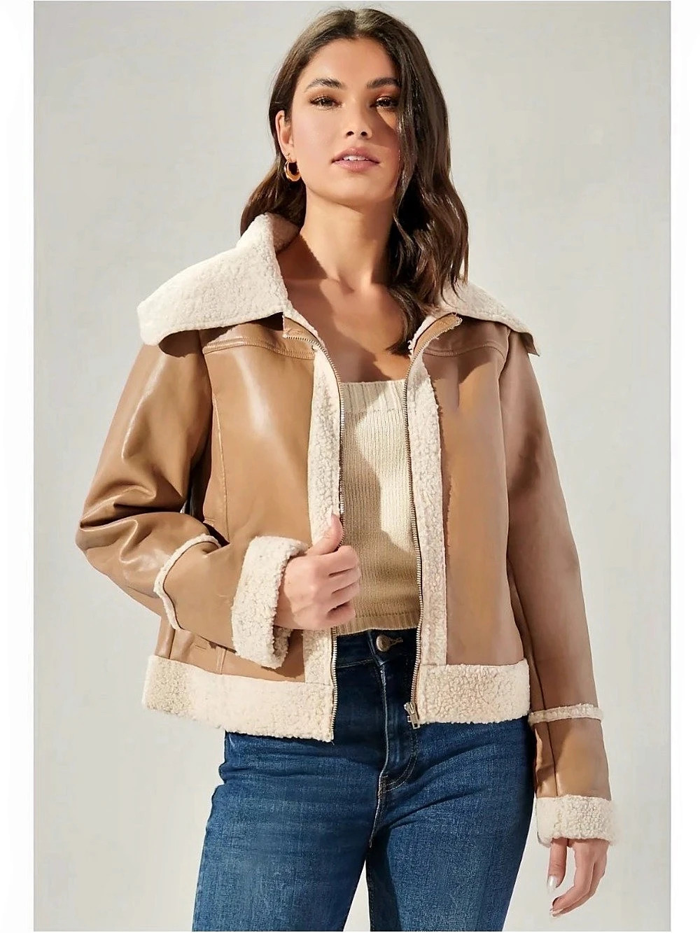 NWT - Sugarlips Embers Vegan Leather Shearling Jacket - Oatmeal/Tan (L)